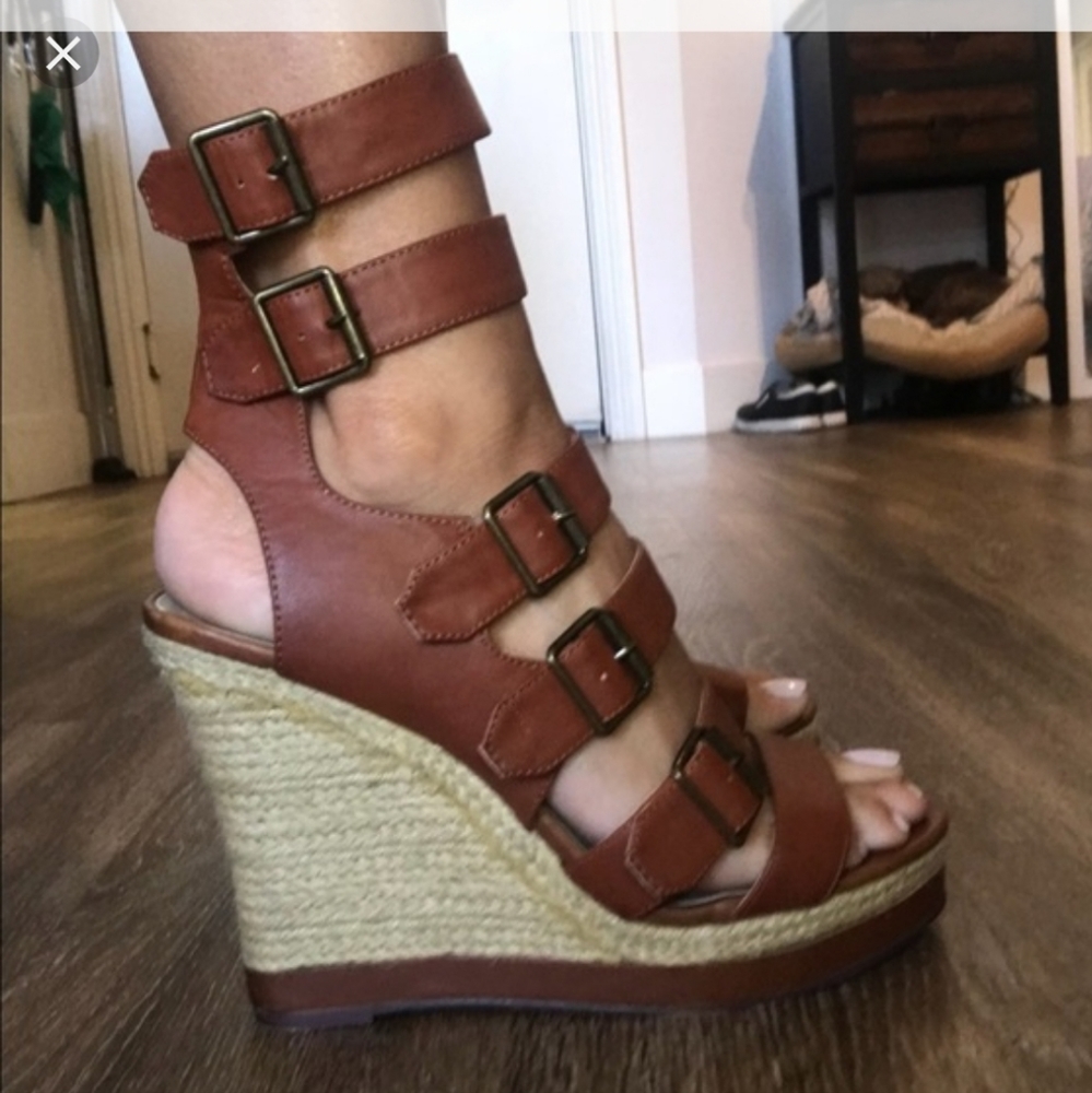 New Cognac Wedge Michael Antonio Brown Woven Strapy Wedge
